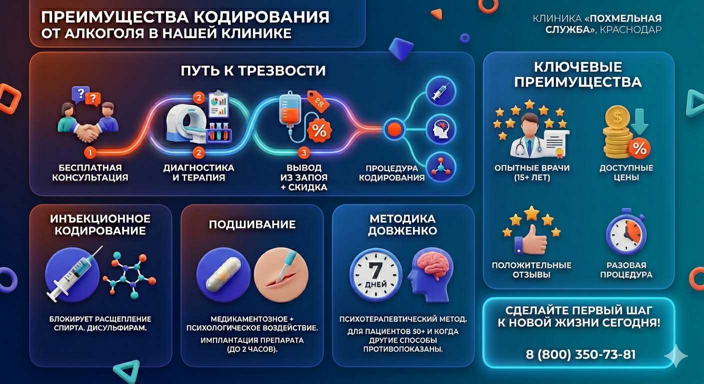 Инфографика о методах кодирования от алкоголя в Средней Ахтубе: инъекции, подшивание, метод Довженко. Преимущества клиники и этапы лечения.